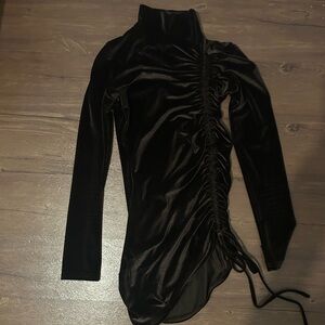 Ruched Velvet Mock Neck Mini Dress — Dark Brown